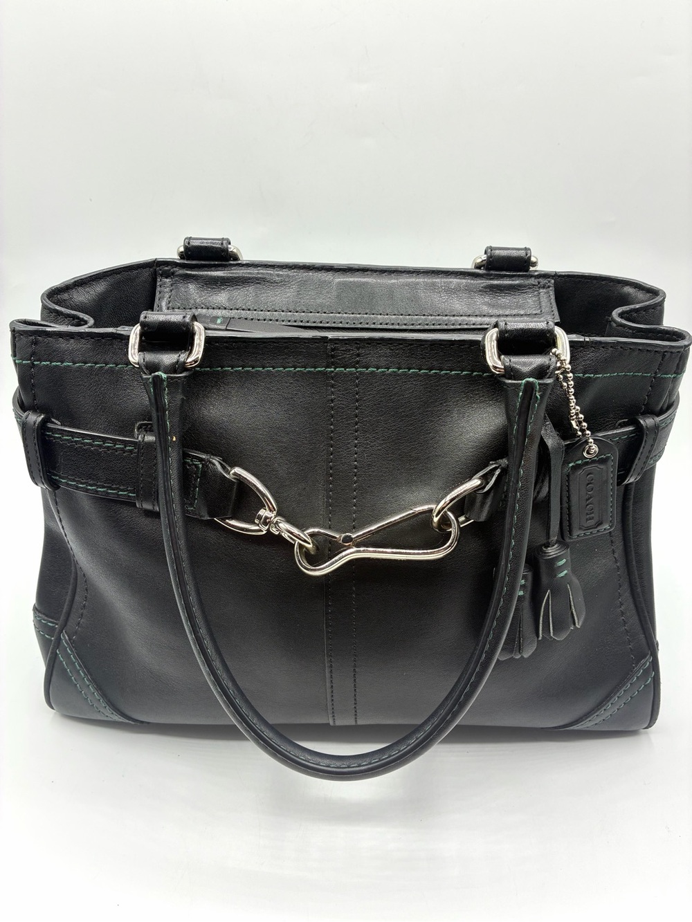 Coach Hampton Satchel Black Belted Leather Bag Blue Stitching Vintage 8A70